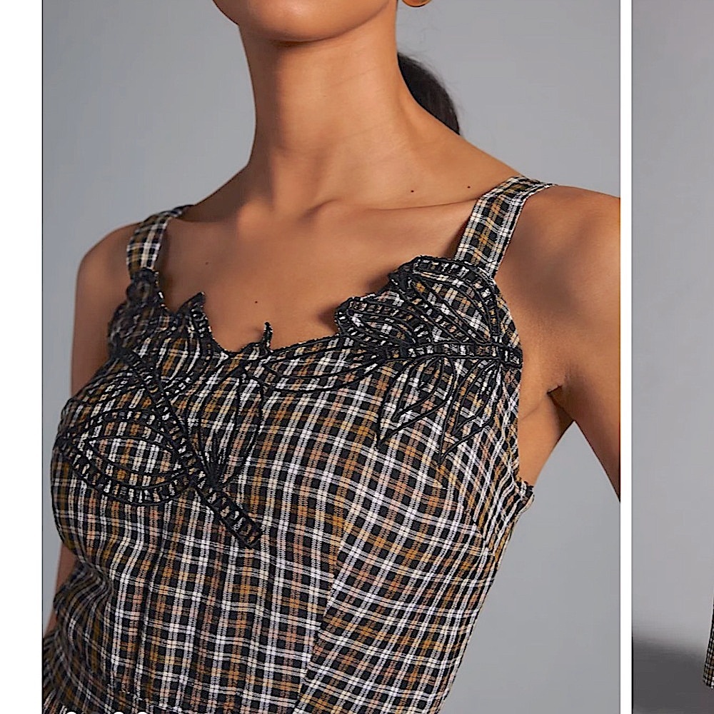 Anthropologie Embroidered Plaid Pleated Wide Leg Flowy Jumpsuit Sz 4 - Picture 3 of 10